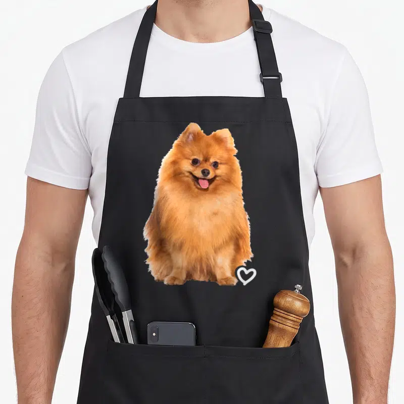 Vintage pomeranian dog apron - Photo of orange-brown Pomeranian with white heart outline — shown on a black cotton canvas apron against a white background