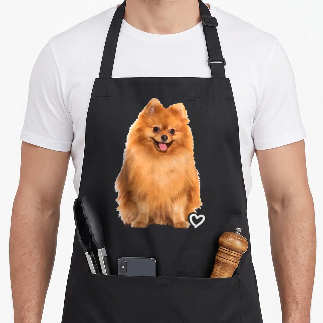 Vintage pomeranian dog apron - Photo of orange-brown Pomeranian with white heart outline — shown on a black cotton canvas apron against a white background