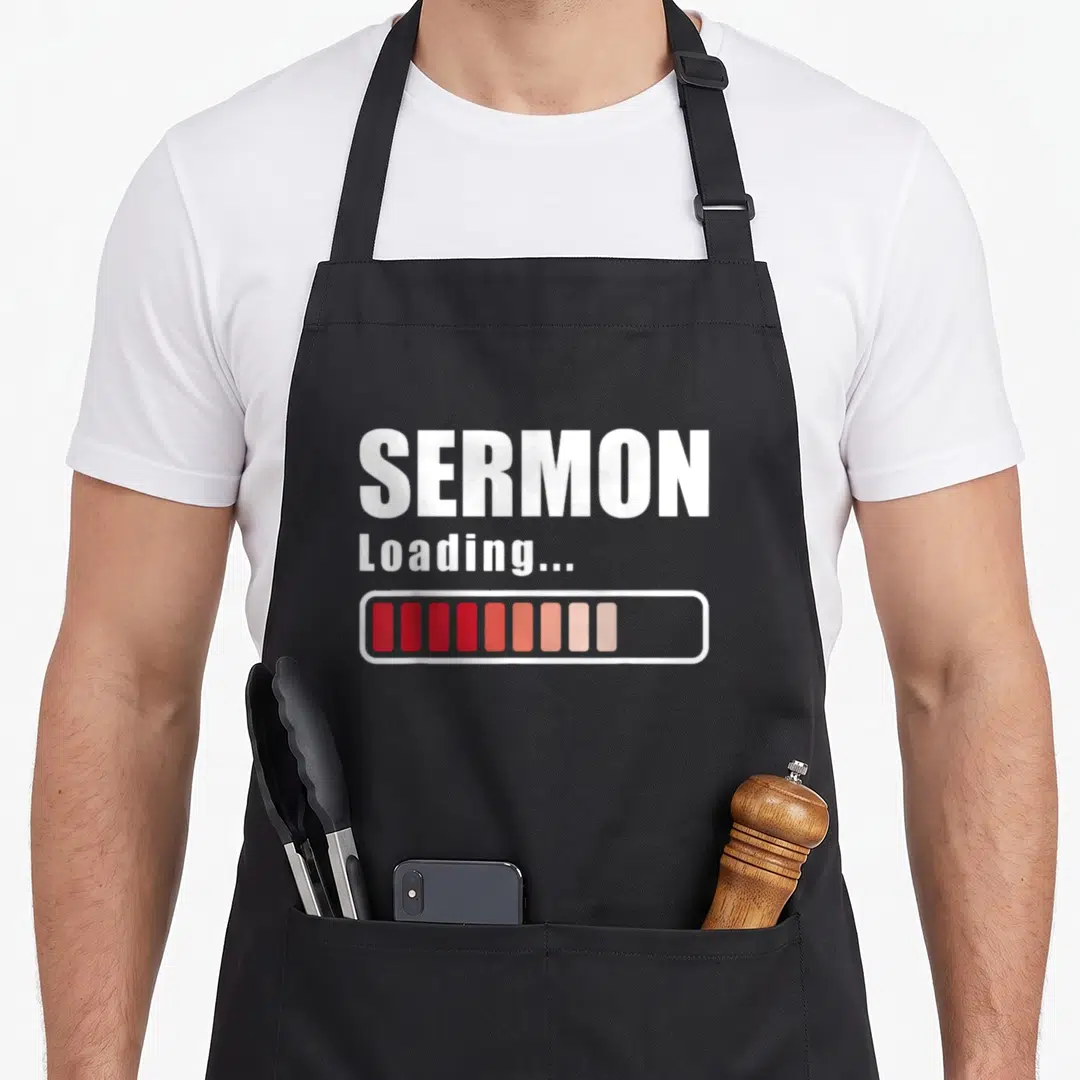 Sermon clergy apron - SERMON Loading text and red fading progress bar graphic — shown on a black cotton canvas apron against a white background