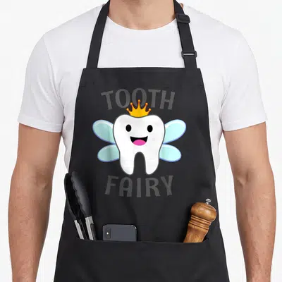 Tooth fairy halloween apron - Cartoon white tooth with blue wings and yellow crown between TOOTH and FAIRY text — shown on a black cotton canvas apron against a white background