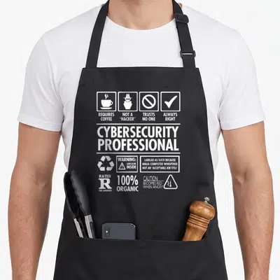 Nerdshizzle professional aprons - White typography design listing cybersecurity traits like requires coffee and not — shown on a black cotton canvas apron against a white background