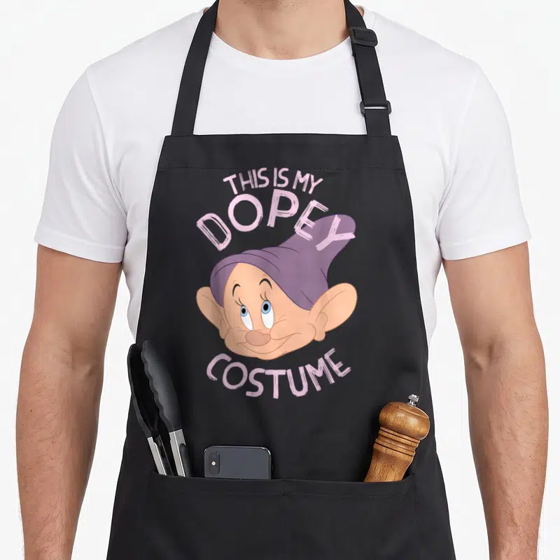 Halloween snow white apron - Dopey cartoon head with purple hat and peach skin, arched text reading THIS IS MY DOPEY — shown on a black cotton canvas apron against a white background