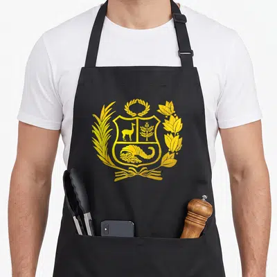 Polo pride apron - Yellow distressed coat of arms with vicuna, tree, cornucopia, and laurel wreath on grey background — shown on a black cotton canvas apron against a white background