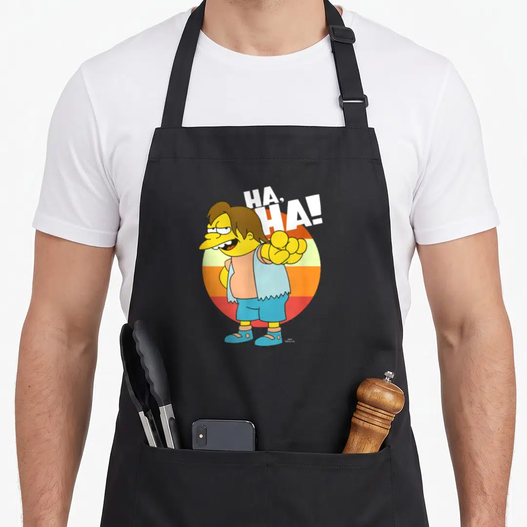Nelson simpson apron - Nelson Muntz pointing at viewer with HA HA text over striped circle — shown on a black cotton canvas apron against a white background