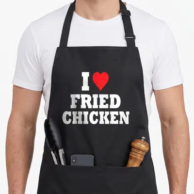 Cool fried chicken apron - Stacked white text I and FRIED CHICKEN with a red heart on black fabric — shown on a black cotton canvas apron against a white background