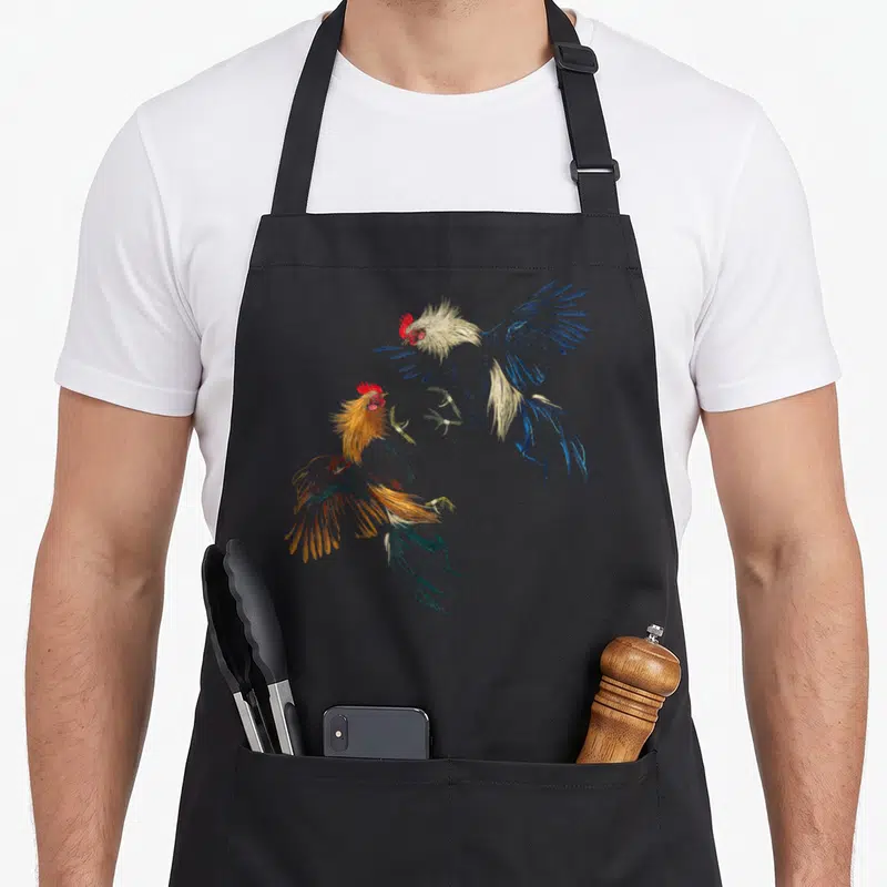 Peleas rooster apron - Two realistic roosters fighting in blue orange and red colors — shown on a black cotton canvas apron against a white background