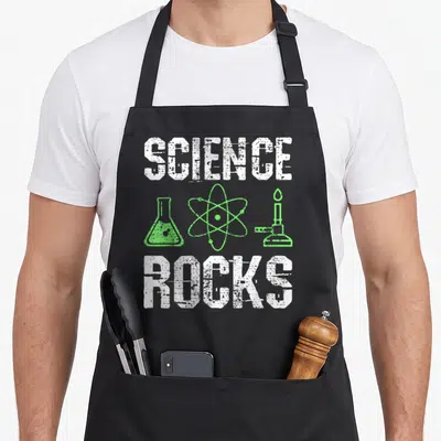 Rock chemistry apron - Distressed SCIENCE ROCKS text flanking green atom flask and bunsen burner icons — shown on a black cotton canvas apron against a white background