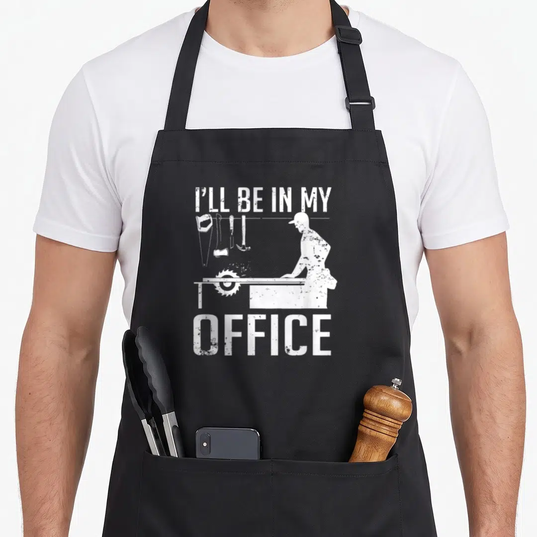 Ill office woodworking apron - White distressed carpenter silhouette at table saw with hanging tools and text — shown on a black cotton canvas apron against a white background