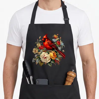 Rose the floral apron - Realistic red cardinal perched on white, yellow, and red roses with green leaves and blue — shown on a black cotton canvas apron against a white background