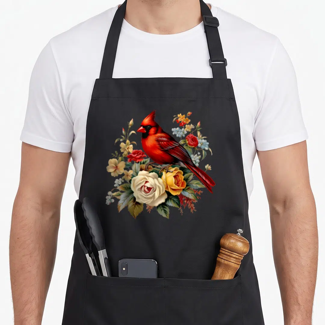 Rose the floral apron - Realistic red cardinal perched on white, yellow, and red roses with green leaves and blue — shown on a black cotton canvas apron against a white background