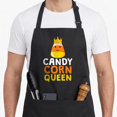 Queen halloween apron - Cartoon candy corn with crown and stacked CANDY CORN QUEEN text in yellow orange white — shown on a black cotton canvas apron against a white background