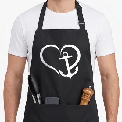 Anchor nautical apron - White anchor inside a heart outline on a black bib apron — shown on a black cotton canvas apron against a white background