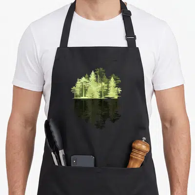 Wildlife outdoor apron - Minimalist forest trees in light and dark green with black mirrored reflection below — shown on a black cotton canvas apron against a white background
