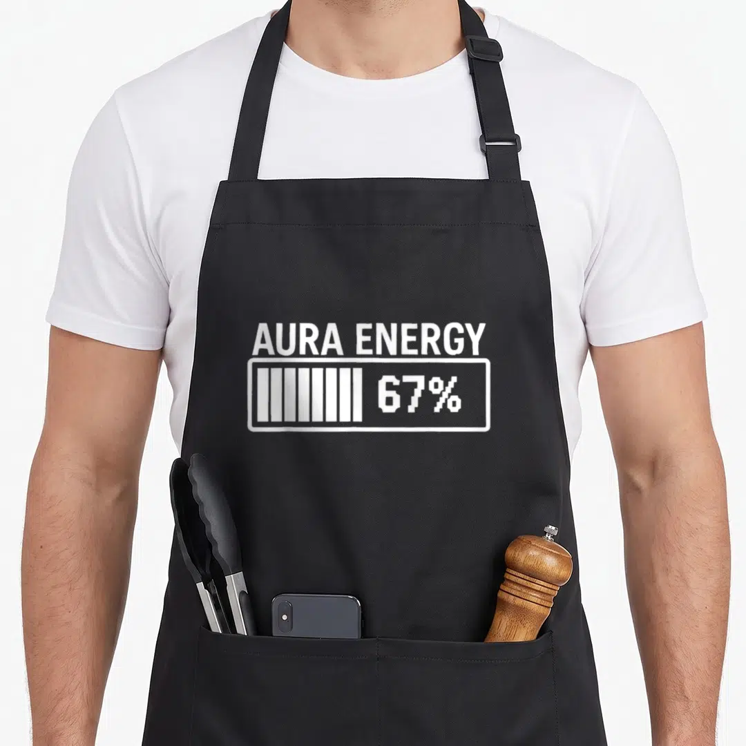Aura meme apron - White AURA ENERGY text above 67% battery indicator rectangle — shown on a black cotton canvas apron against a white background