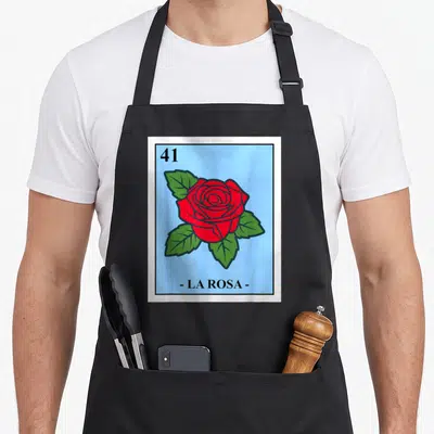 Bingo mexican apron - Number 41 and red rose on light blue card background labeled - LA ROSA - — shown on a black cotton canvas apron against a white background