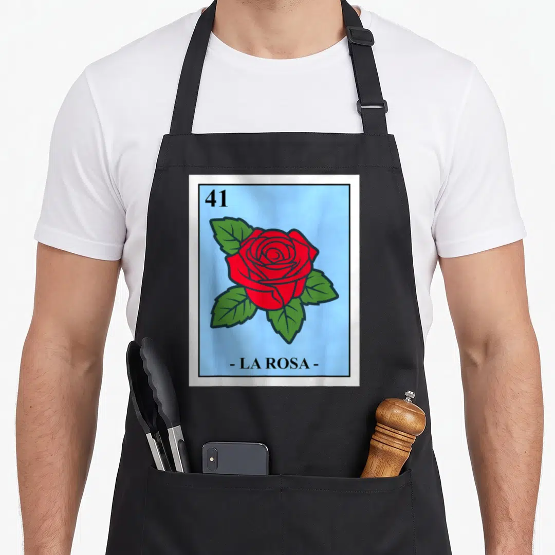 Bingo mexican apron - Number 41 and red rose on light blue card background labeled - LA ROSA - — shown on a black cotton canvas apron against a white background