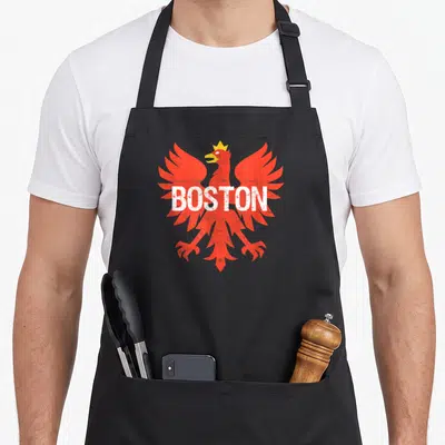 Boston polish aprons - Red phoenix with yellow crown and distressed white BOSTON text — shown on a black cotton canvas apron against a white background