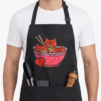 Ramen valentine's day apron - Three red cats with heart eyes in pink ramen bowl with yellow noodles and chopsticks — shown on a black cotton canvas apron against a white background