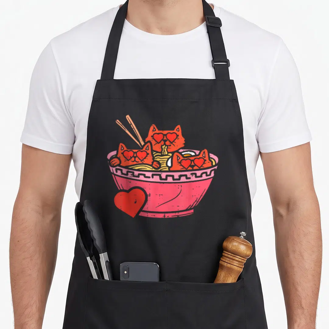 Ramen valentine's day apron - Three red cats with heart eyes in pink ramen bowl with yellow noodles and chopsticks — shown on a black cotton canvas apron against a white background