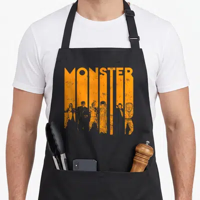 Letter universal monsters apron - Orange MONSTER text with six monster silhouettes cut from bottom letters on grey — shown on a black cotton canvas apron against a white background