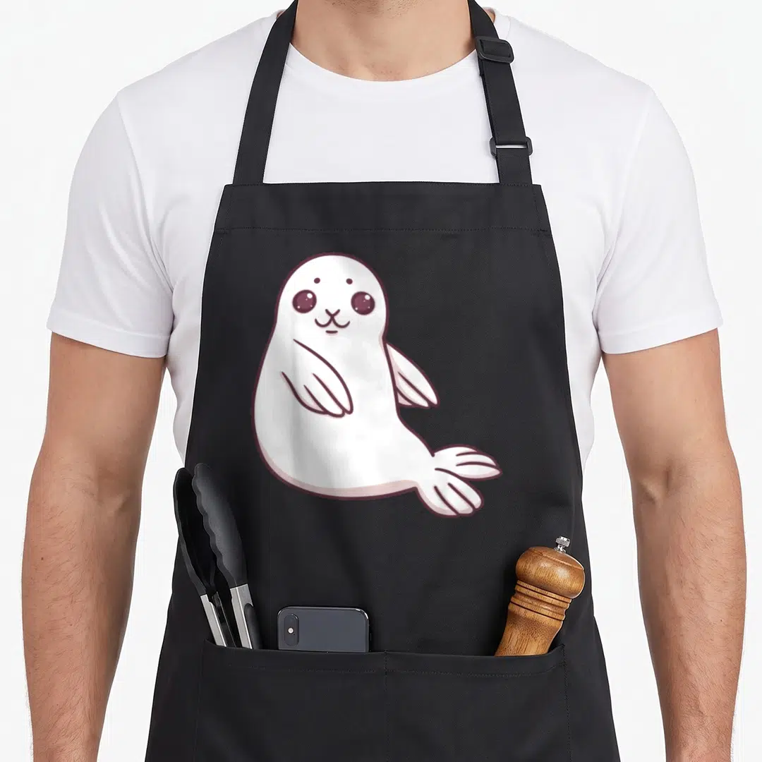 Harp tshirtdesigns apron - White cartoon seal flossing dance pose outlined in purple — shown on a black cotton canvas apron against a white background
