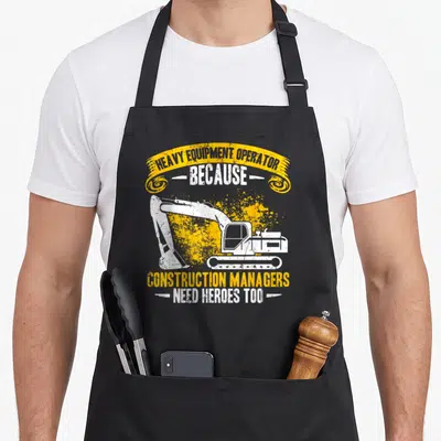 Excavator construction worker apron - White excavator graphic with yellow paint splatters and heavy equipment operator — shown on a black cotton canvas apron against a white background