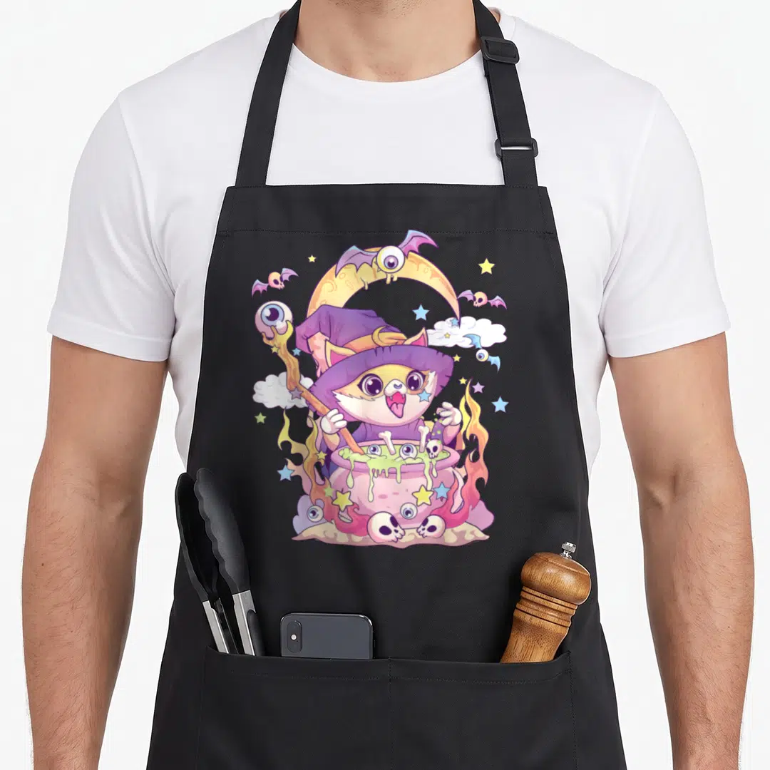 Goth wiccan cat apron - Cartoon cat in purple witch hat stirring pink cauldron with pastel skulls, stars, and eyeball — shown on a black cotton canvas apron against a white background