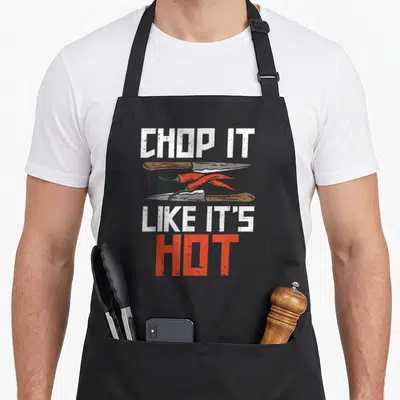 Funny camping culinary aprons - CHOP IT LIKE IT'S HOT text flanking two knives and red chili peppers in distressed print — shown on a black cotton canvas apron against a white background