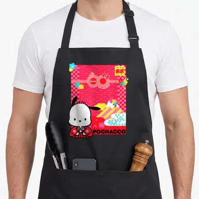 Pochacco general apron - Pochacco character in red kimono with From Tokyo text and 60th anniversary logo on red — shown on a black cotton canvas apron against a white background