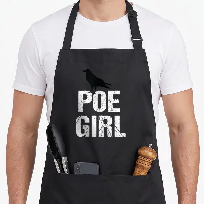 Edgar hipster apron - Black raven perched on white distressed POE GIRL text — shown on a black cotton canvas apron against a white background