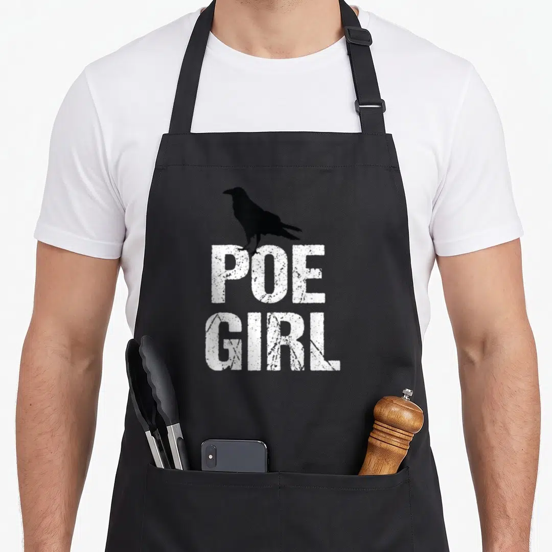 Edgar hipster apron - Black raven perched on white distressed POE GIRL text — shown on a black cotton canvas apron against a white background