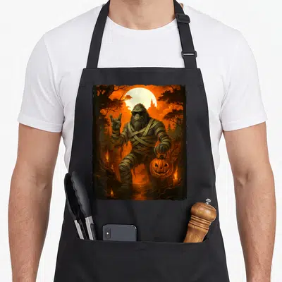 Jack mummy and me aprons - Realistic bandaged Bigfoot with sunglasses holding a glowing jack o lantern in a dark forest — shown on a black cotton canvas apron against a white background