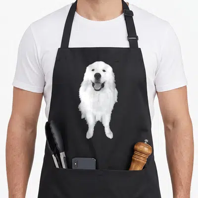 Pyrenee dog apron - Photo of smiling white Great Pyrenees dog with black nose and eyes centered on grey background — shown on a black cotton canvas apron against a white background