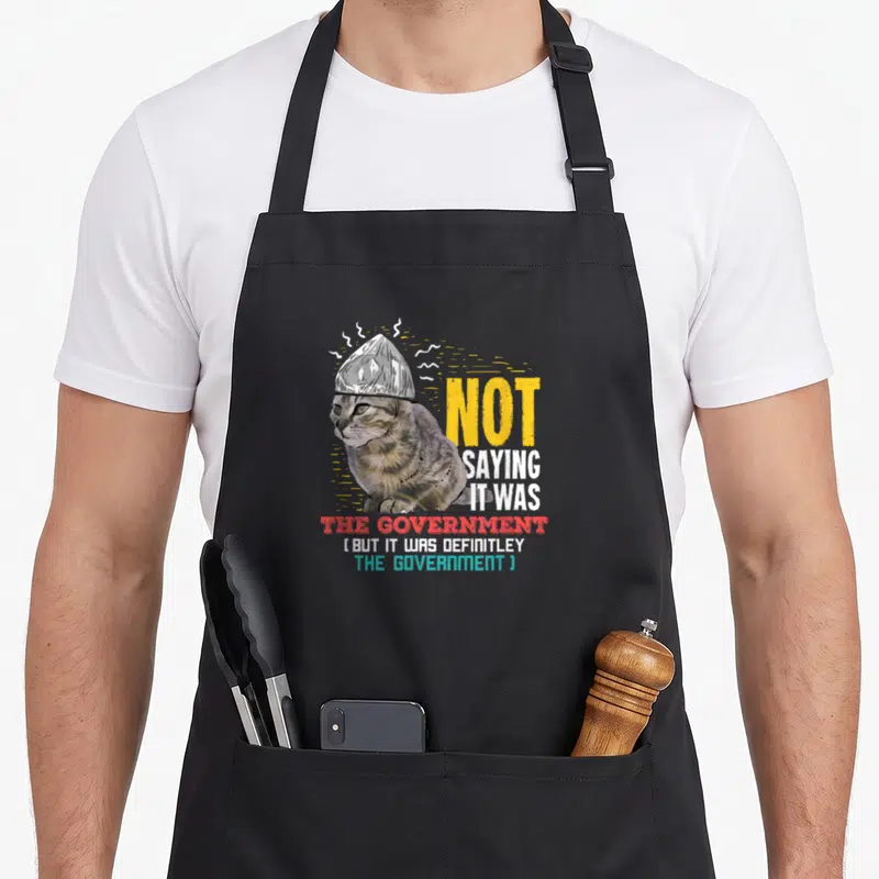 Conspiracy cat apron - Cartoon cat in tinfoil hat with sarcastic government text in yellow white red and teal — shown on a black cotton canvas apron against a white background
