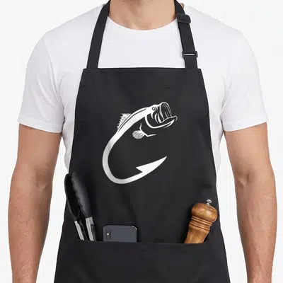 Hook fish apron - White line art of a fish forming the top curve of a large hook — shown on a black cotton canvas apron against a white background