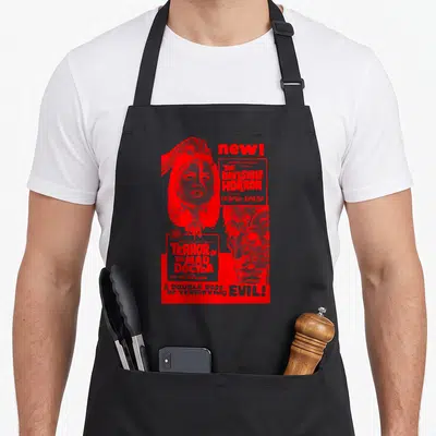 Mad horror movie apron - Red retro poster collage with woman face monster and titles Terror of the Mad Doctor — shown on a black cotton canvas apron against a white background