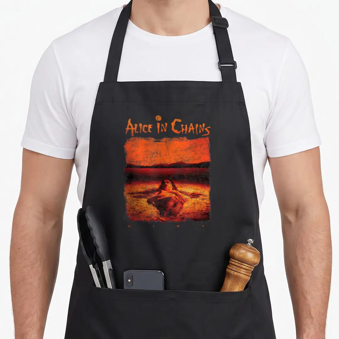 Chain alice apron - Distressed Alice in Chains Dirt album art with person in water orange red black text — shown on a black cotton canvas apron against a white background