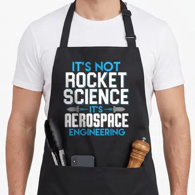 Rocket aerospace engineering science apron - Stacked blue and white text reading IT'S NOT ROCKET SCIENCE IT'S AEROSPACE — shown on a black cotton canvas apron against a white background