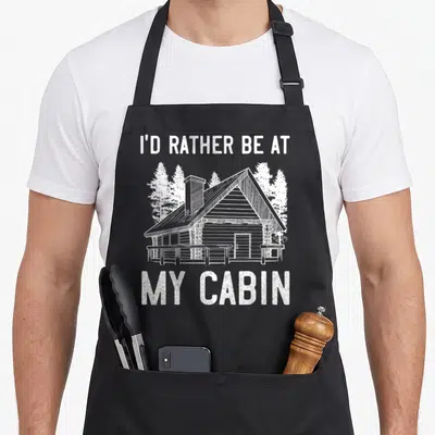 Mountain cabin apron - White line-art log cabin with chimney and trees framed by text reading I'D RATHER BE AT MY CABIN — shown on a black cotton canvas apron against a white background