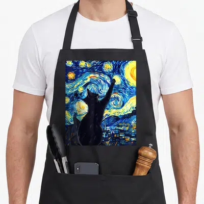 Night cat van gogh apron - Black cat silhouette reaching up at swirling blue and yellow stars above a dark village — shown on a black cotton canvas apron against a white background