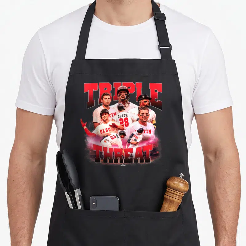 Acuna atlanta apron - Baseball players collage with red Triple Threat text and Olson 28 jersey details — shown on a black cotton canvas apron against a white background