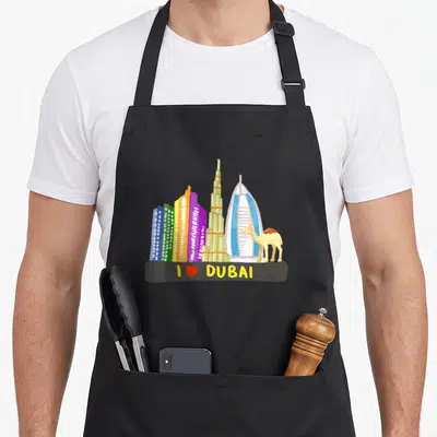 Uae arab pride apron - Cartoon Dubai skyline with blue, green, yellow, purple, beige, red buildings, standing camel — shown on a black cotton canvas apron against a white background