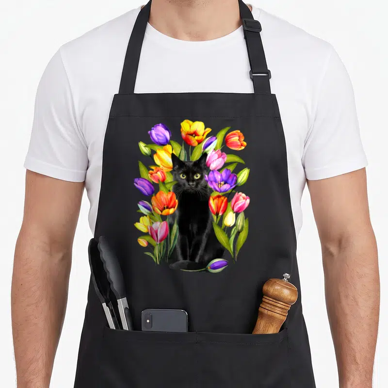 Cat tulip apron - Black cat surrounded by purple, yellow, red, and green watercolor tulips and green leaves — shown on a black cotton canvas apron against a white background