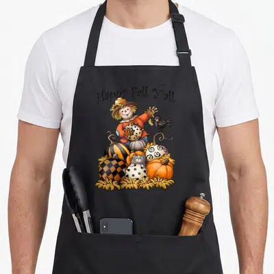 Scarecrow thanksgiving apron - Cartoon scarecrow holding pumpkin with cat and crow under Happy Fall Y'all text — shown on a black cotton canvas apron against a white background