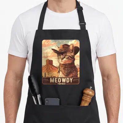 Cat cook's country aprons - Realistic cowboy cat portrait with Meowdy Partner text on a brown desert banner — shown on a black cotton canvas apron against a white background