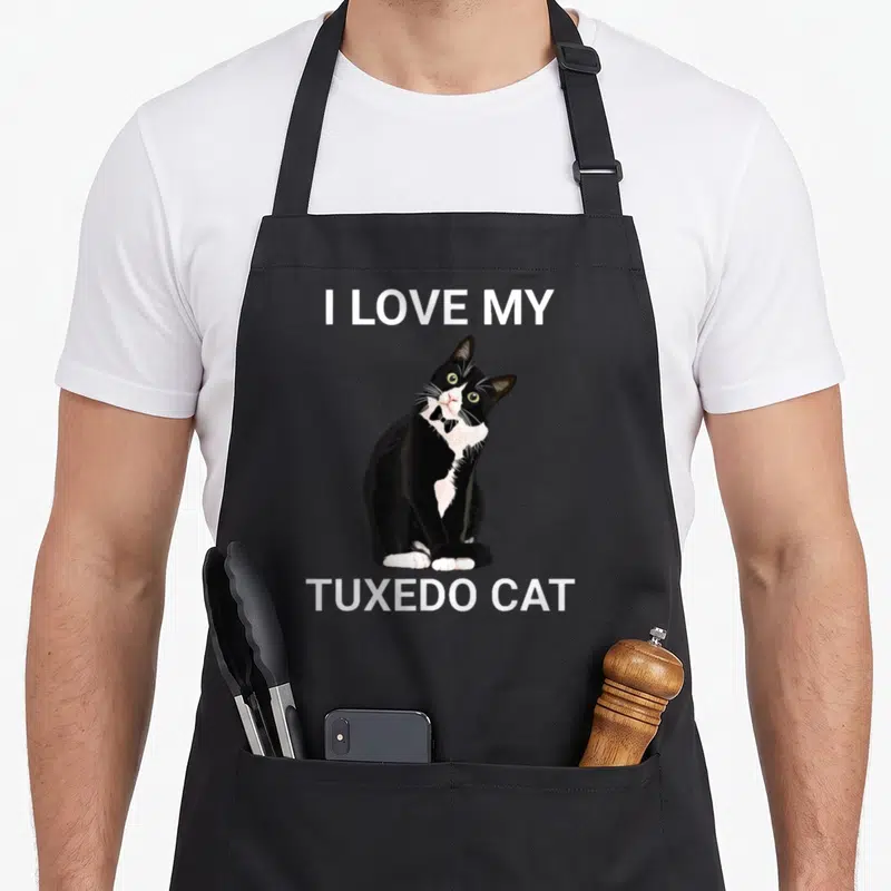 Vintage cat tuxedo apron - Black and white cat wearing a bow tie between white text lines — shown on a black cotton canvas apron against a white background