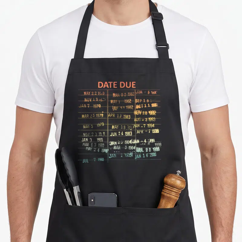 Date love library apron - Orange and blue date due list printed in three columns on grey background — shown on a black cotton canvas apron against a white background