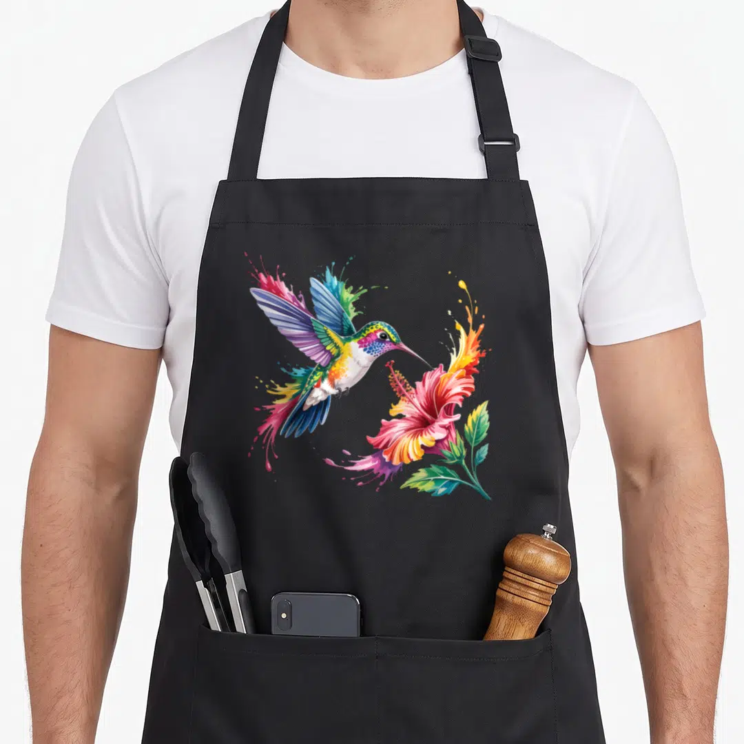 Hummingbird birds apron - Watercolor hummingbird hovering over pink hibiscus with blue, pink, orange, and green paint — shown on a black cotton canvas apron against a white background
