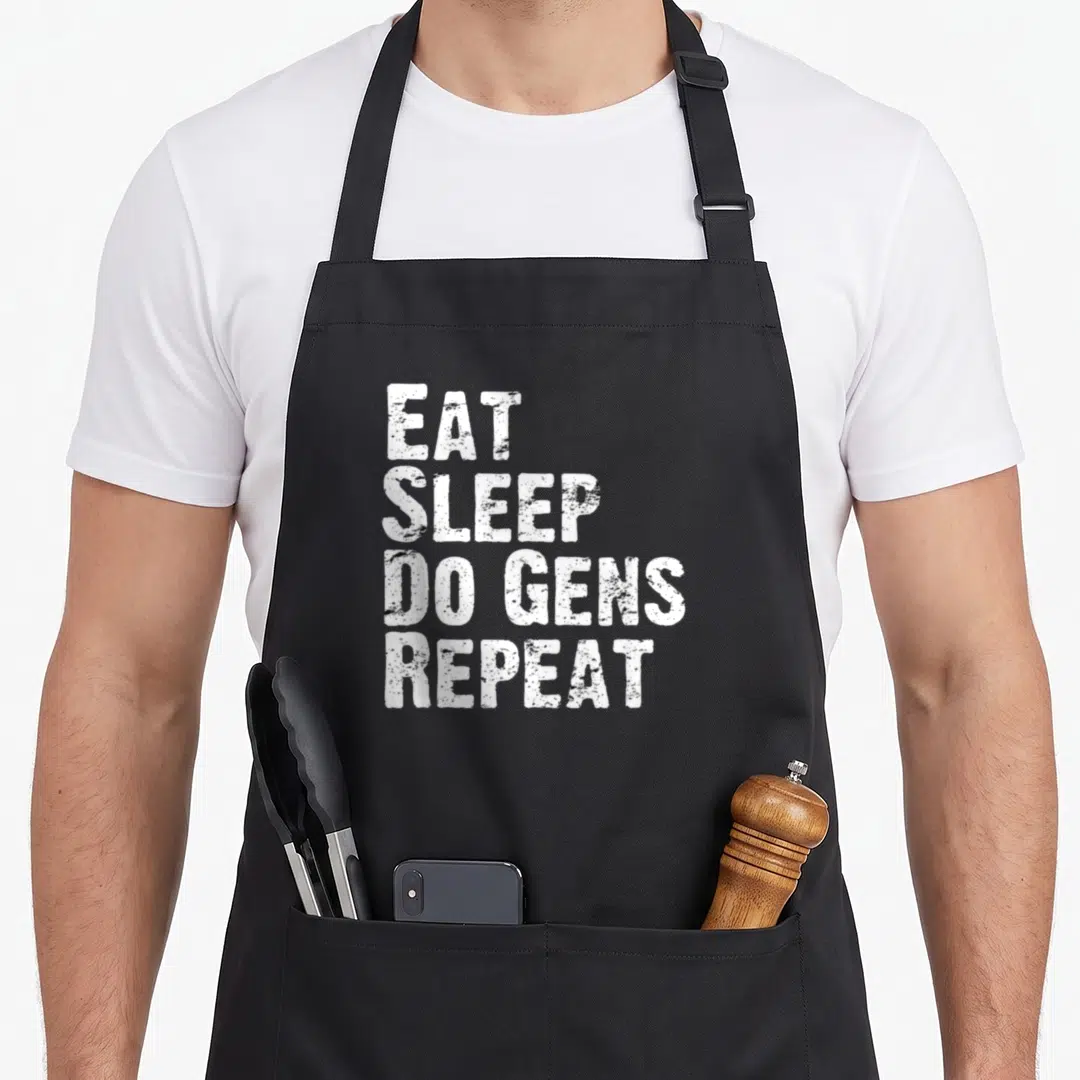 Eat hunting player apron - White stacked text reading EAT SLEEP DO GENS REPEAT on grey background — shown on a black cotton canvas apron against a white background