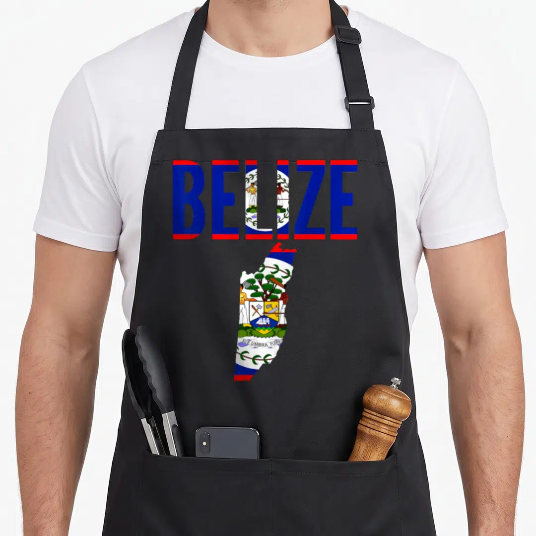 Belizean country apron - BELIZE text and country map filled with flag colors and coat of arms, SUB UMBRA FLOREO banner — shown on a black cotton canvas apron against a white background